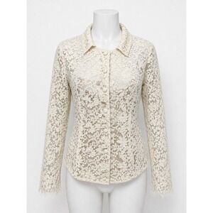 Wendy McCauley Ivory Lace Button Up Blouse Top Size M Floral Crochet Sheer Style